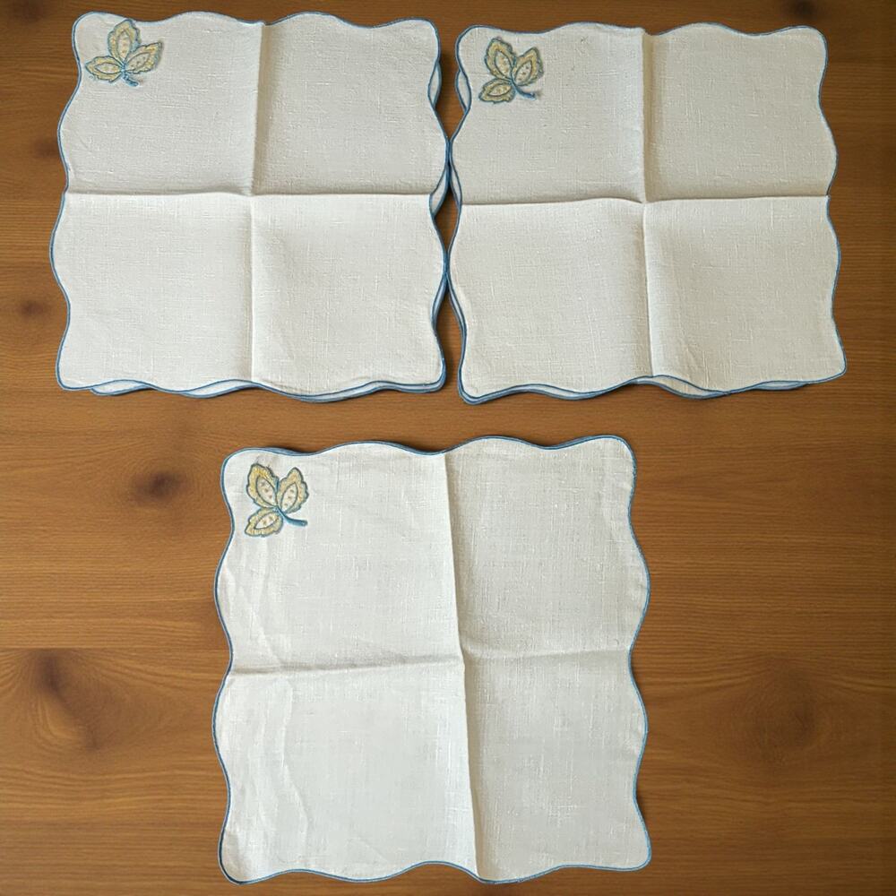Set Of 3 Vintage Embroidered Leaf Napkins Cloth Linen